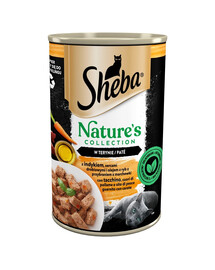 SHEBA konzerva 400 g Nature's Collection s morčacím mäsom, kuracími srdiečkami a rybím olejom s mrkvovou oblohou vo vaničke