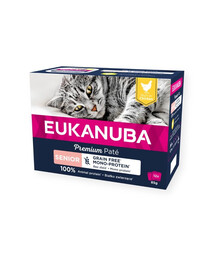 EUKANUBA Grain Free Senior Monoproteínová paštéta pre staršie mačky Kuracie 12 x 85 g