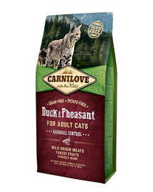 Carnilove For Adult Cats Hairball Control Duck & Pheasant 6 kg - granule pro dospělé kočky na podporu odstavu s kachnou a bažantem 6 kg