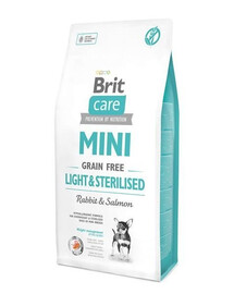 Brit Care Mini Grain-Free Light & Sterilised 2kg granule bez obilnín pre dospelých psov miniatúrnych plemien s nadváhou alebo sterilizované 2kg