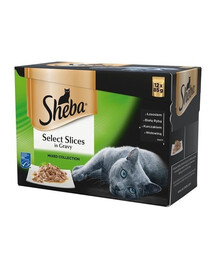 SHEBA sáček Select Slices in Gravy - vlhké krmivo pro kočky v omáčce (s lososem, s bílou rybou, s kuřecím masem, s hovězím masem) 12x85g