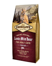 Carnilove For Adults Cats Sterilised Lamb & Wild Boar 6 kg - granule pro dospělé kočky po sterilizaci se zvěřinou a jehněčím masem 6 kg