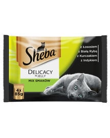 SHEBA Jemné vločky v želé pro kočky (bílá ryba, losos, krůta, kuře) 4x85g