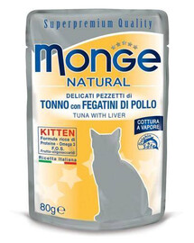 MONGE Natural Kitten krmivo pre mačiatka tuniak s kuracou pečeňou 80 g