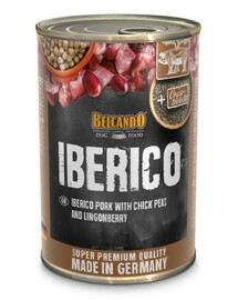 BELCANDO Super Premium Iberico mokré krmivo pre psov 400 g bravčové mäso, cícer a čučoriedky mokré krmivo pre dospelé psy všetkých plemien. 400 g