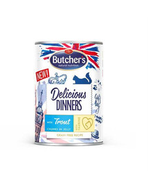 Butcher's Delicious Dinners, kúsky s pstruhom v želé kapsička pre mačky 400 g
