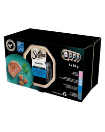 SHEBA Classics Rybie príchute 8×85g Kompletné krmivo pre dospelé mačky s lososom, bielou rybou a mrkvou, tuniakom a zeleninou, treskou