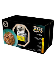 SHEBA Selection s kuracími príchuťami 8x85 g v omáčke s kuracím a morčacím kuracím mäsom, hydinou, morčacím mäsom