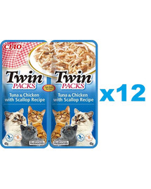 INABA Twin Tuniak s kuracím mäsom a hrebenatkami vo vývare pre mačky 24x40 g