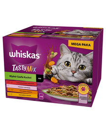 WHISKAS Adult Tasty Mix Wybór Szefa Kuchni w sosie 24x85 g kawałki z wołowiną, łososiem, kurczakiem i indykiem, kurczakiem i dorszem dla dorosłych kotów