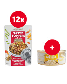 APPLAWS Taste Toppers Hovädzie mäso, zelené fazuľky, korenie vo vývare 24x 85 g + Taste Toppers kuracie mäso vo vývare 12x156 g ZADARMO