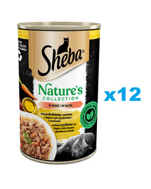 SHEBA Nature's Collection 12×400g Hydinová konzerva s pečeňou, rybím olejom a mrkvou v omáčke