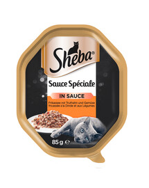 SHEBA Sauce Collection vanička 22x85 g kompletné krmivo pre dospelé mačky pochúťky s morčacím mäsom a zeleninou v omáčke