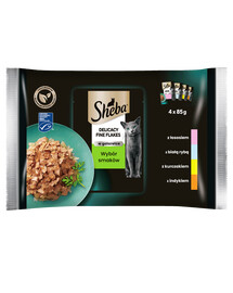 SHEBA Jemné vločky v želé pre mačky (biela ryba, losos, morka, kura) 4x85g