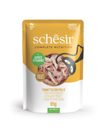 SCHESIR Tuniak s kuracími filetmi v želé pre mačky 85 g