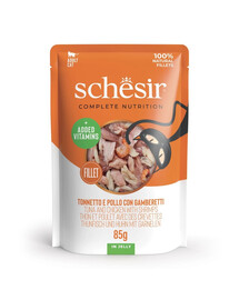 SCHESIR Jelly Adult Tuniak a kura s krevetami v želé pre mačky 85 g