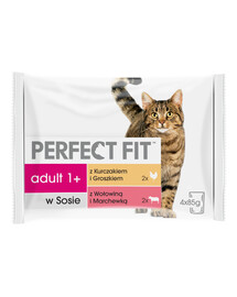 Perfect Fit Cat Adult Beef and Chicken 4x85g - krmivo pre mačky v omáčke z hovädzieho mäsa s mrkvou a kuracieho mäsa s hráškom 340g