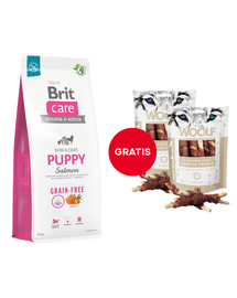 BRIT Care Grain-free Puppy krmivo s lososom 12 kg + WOOLF Chicken And Rawhide Twister 2 x 100 g sušená koža obalená kuracím mäsom ZADARMO