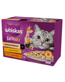 WHISKAS Adult kapsička 12x85g Krémové krmivo pre dospelé mačky v omáčke s: kuracím mäsom a zeleninou, jahňacím a morčacím mäsom