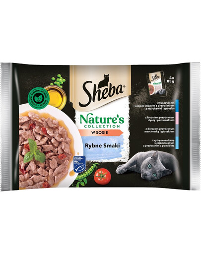SHEBA  Nature’s Collection Rybie príchute  kompletné krmivo pre dospelé mačky v tuniakovej omáčke a ľanovom oleji, vrecúško 4x85 g