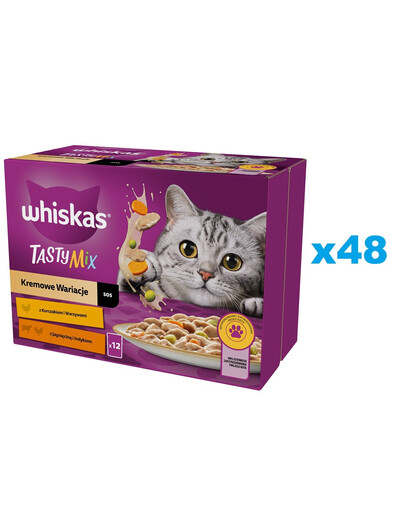 WHISKAS Vlhké krmivo pre mačky Adult 48x85g Cream Variations v omáčke s kuracím mäsom a zeleninou, jahňacím mäsom a morčacím mäsom