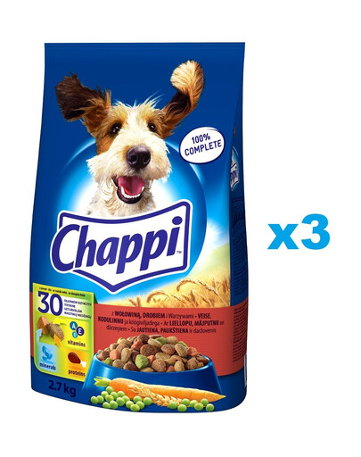 CHAPPI Suché krmivo s hovädzím mäsom 3x2,7 kg pre dospelých psov