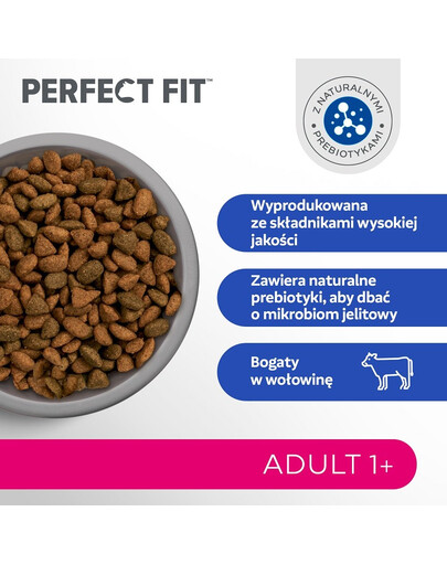 PERFECT FIT Adult 1+ Bogata w wołowinę 7 kg sucha karma pełnoporcjowa dla dorosłych kotów