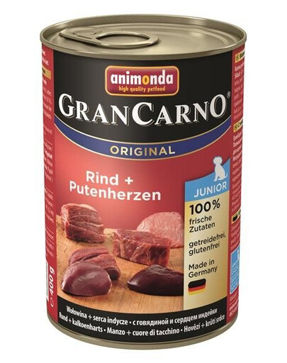 Animonda Grancarno Junior Rind + Puten-Herzen 400g - vlhké krmivo pro štěňata hovězí s krůtími srdíčky 400g