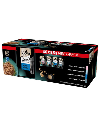 SHEBA Sauce Collection rybacie maškrty v omáčke 40x85 g s lososom, bielou rybou, tuniakom, treskou