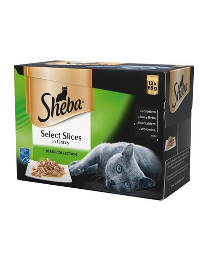 SHEBA sáček Select Slices in Gravy - vlhké krmivo pro kočky v omáčce (s lososem, s bílou rybou, s kuřecím masem, s hovězím masem) 12x85g