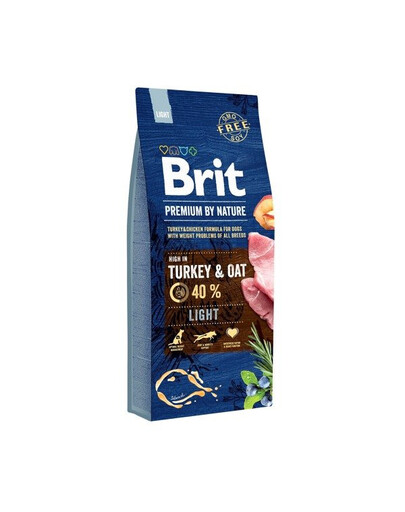 Brit Premium By Nature Ľahké morčacie a ovsené nízkokalorické granulované morčacie a ovsené vločky pre psov 15 kg