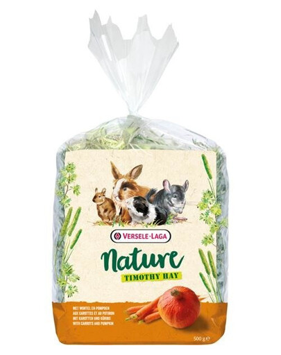 Versele - Laga Nature Timothy Hay Carrot & Pumpkin 500g - luční seno z timothy s přídavkem mrkve a dýně pro králíky, kavalíry, činčily, morčata 500g