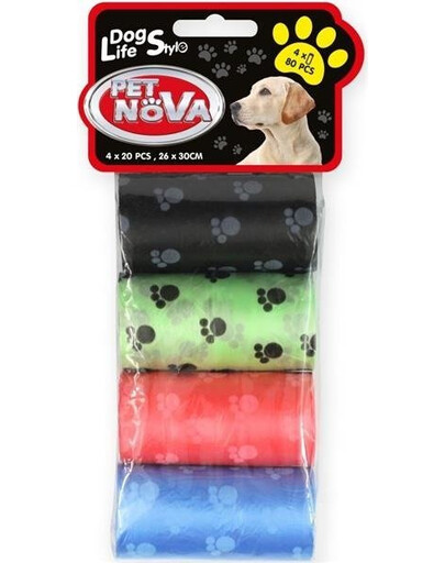 Pet Nova Dog Life Style Vrecká na psie exkrementy, 4 role x 20 ks, rôzne farby s potlačou labiek