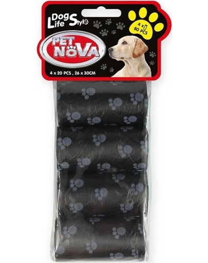 Pet Nova Dog Life Style Vrecká na psie exkrementy, 4 role x 20 ks, čierne s potlačou labiek