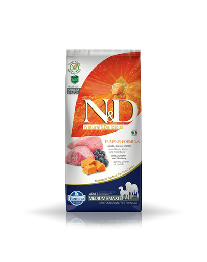 Farmina N&D GF Pumpkin Lamb Blueberry Adult Medium Maxi 12kg - suché krmivo pro dospělé psy středních a velkých plemen s jehněčím masem 12kg