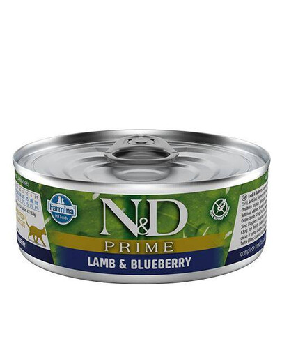 Farmina N&D Cat Prime Lamb & Blueberry 80 g - krmivo pre mačky v konzerve s jahňacinou a čučoriedkami