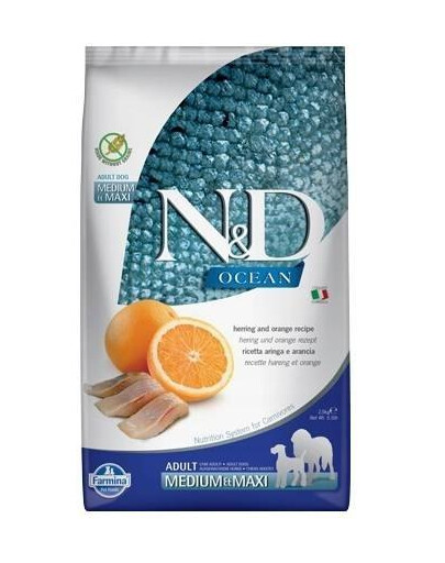 FARMINA N&D Ocean dog adult herring & orange medium & maxi granule pre psy veľkých a stredných plemien sleď a pomaranč 2,5 kg