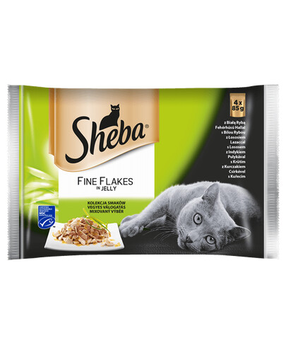 SHEBA Jemné vločky v želé pro kočky (bílá ryba, losos, krůta, kuře) 4x85g