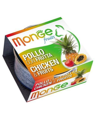 MONGE Fruit krmivo pre mačky kura s ovocím pre dospelé mačky 80 g