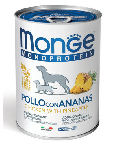 MONGE Dog Fruit Monoproteín konzerva pre psov s kuracím mäsom a ananásom 400 g