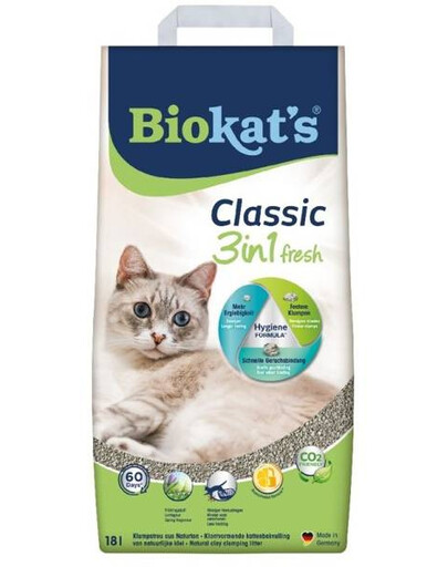 BIOKAT'S Classic 3v1 Fresh bentonitové podstielka s vôňou čerstvej trávy pre mačky 18 l