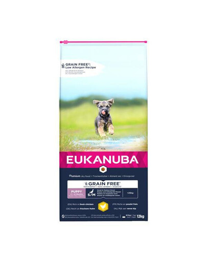 Eukanuba Grain Free Puppy SM Chicken 12 kg granule pre šteňatá malých a stredných plemien, 12 kg