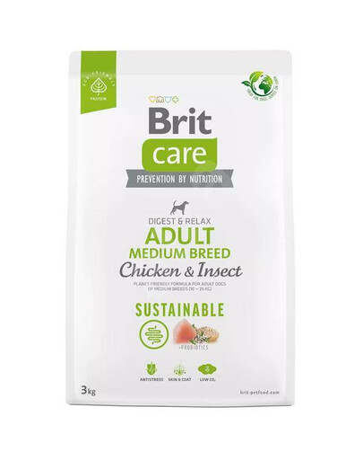 Brit care dog sustainable adult medium chicken insect granule pre dospelých psov stredných plemien 3 kg