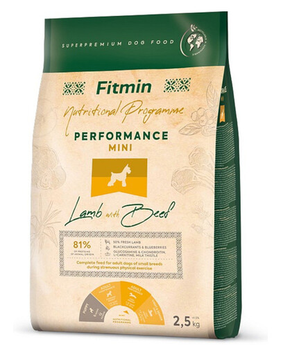 FITMIN Dog Nutritional Programme Mini Performance Lamb&Beef granule pre dospelých psov malých plemien s veľmi vysokou aktivitou 2,5 kg