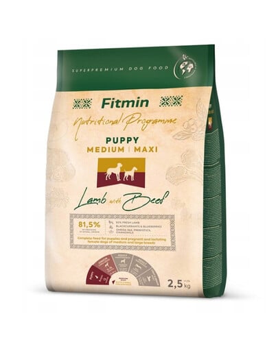 FITMIN Dog Medium Maxi Puppy Lamb&Beef 2,5 kg granule pre šteňatá s jahňacím a hovädzím mäsom