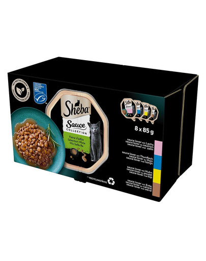 SHEBA Sauce Collection Výber príchutí 8x85g v omáčke s lososom, tuniakom, kuracím mäsom, kačicou