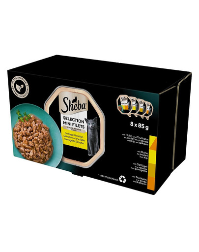 SHEBA Selection s kuracími príchuťami 8x85 g v omáčke s kuracím a morčacím kuracím mäsom, hydinou, morčacím mäsom