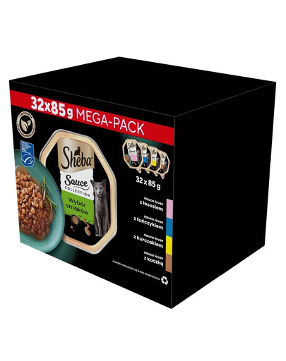 SHEBA Sauce Collection Wybór Smaków tacki 32x85 g w sosie z łososiem, tuńczykiem, kurczakiem, kaczką
