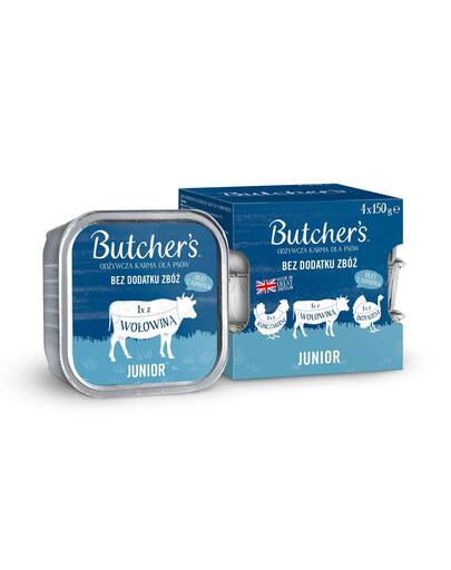 BUTCHER'S Original Junior Mix chutí 4x150 g paštéta s kuracím, hovädzím a morčacím mäsom pre šteniatka