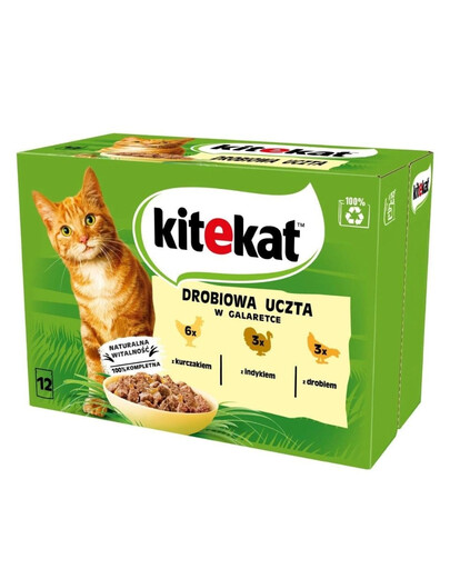KITEKAT Drobiowa Uczta w galaretce 12x85g mokra karma dla kotów z kurczakiem, z indykiem, z drobiem